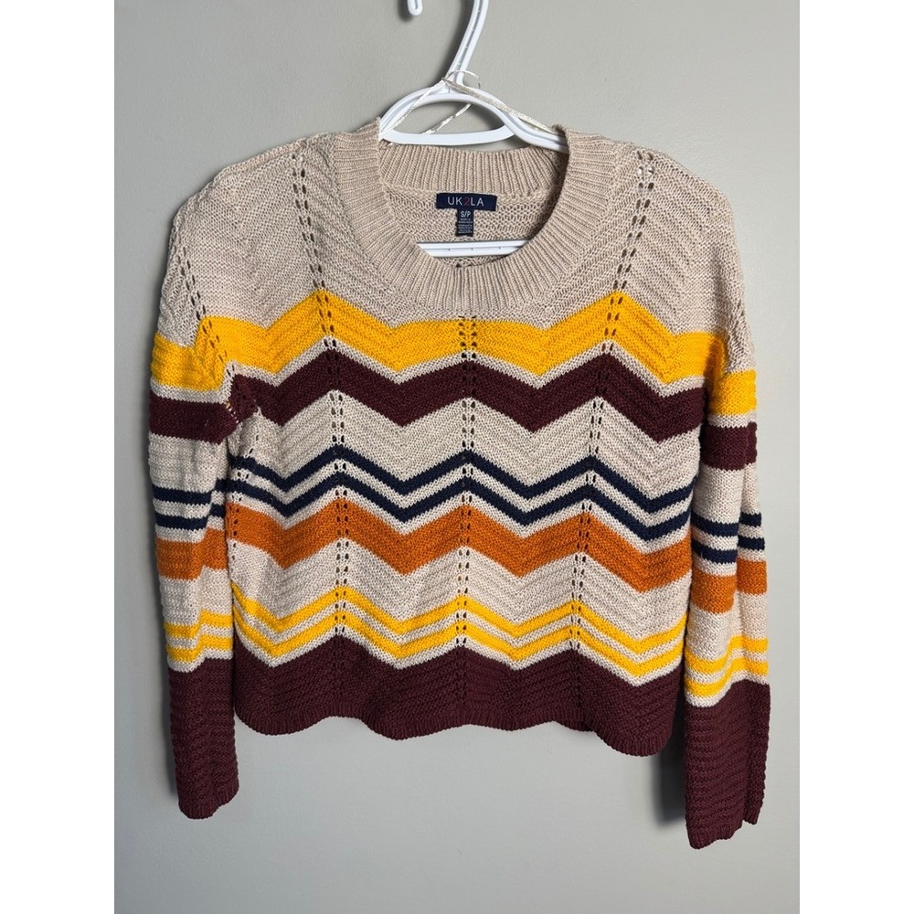 UK2LA Womens Multi Chevron Pointelle Knit Sweater S Boho Retro Fall Cozy Chic